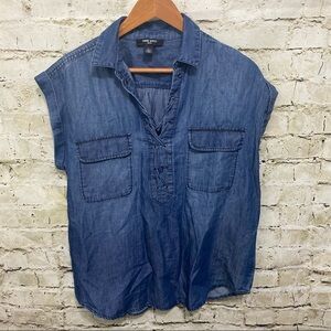 Nine West Blue Chambray Tie Up Popover Top